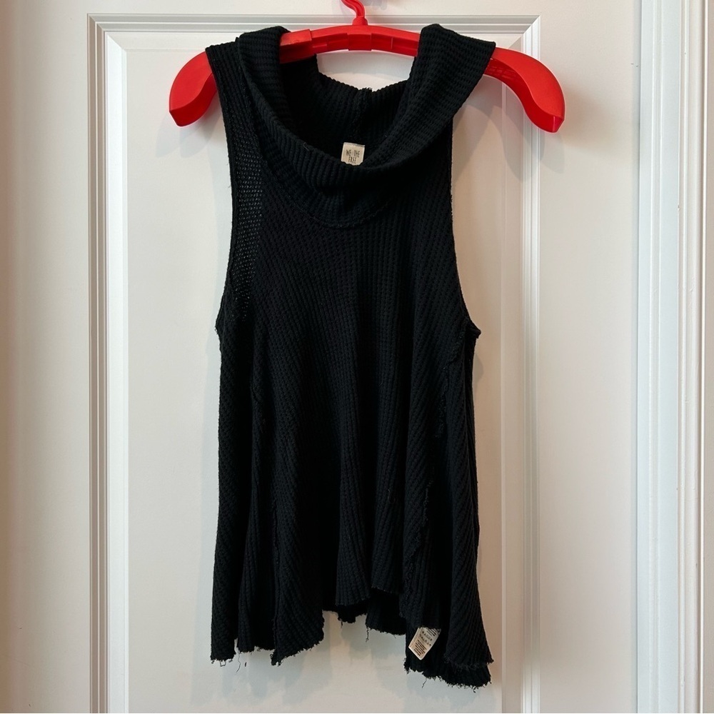 We the Free Black Cowl Neck Sleeveless Top Sz L Exposed Seams Waffle Knit f
